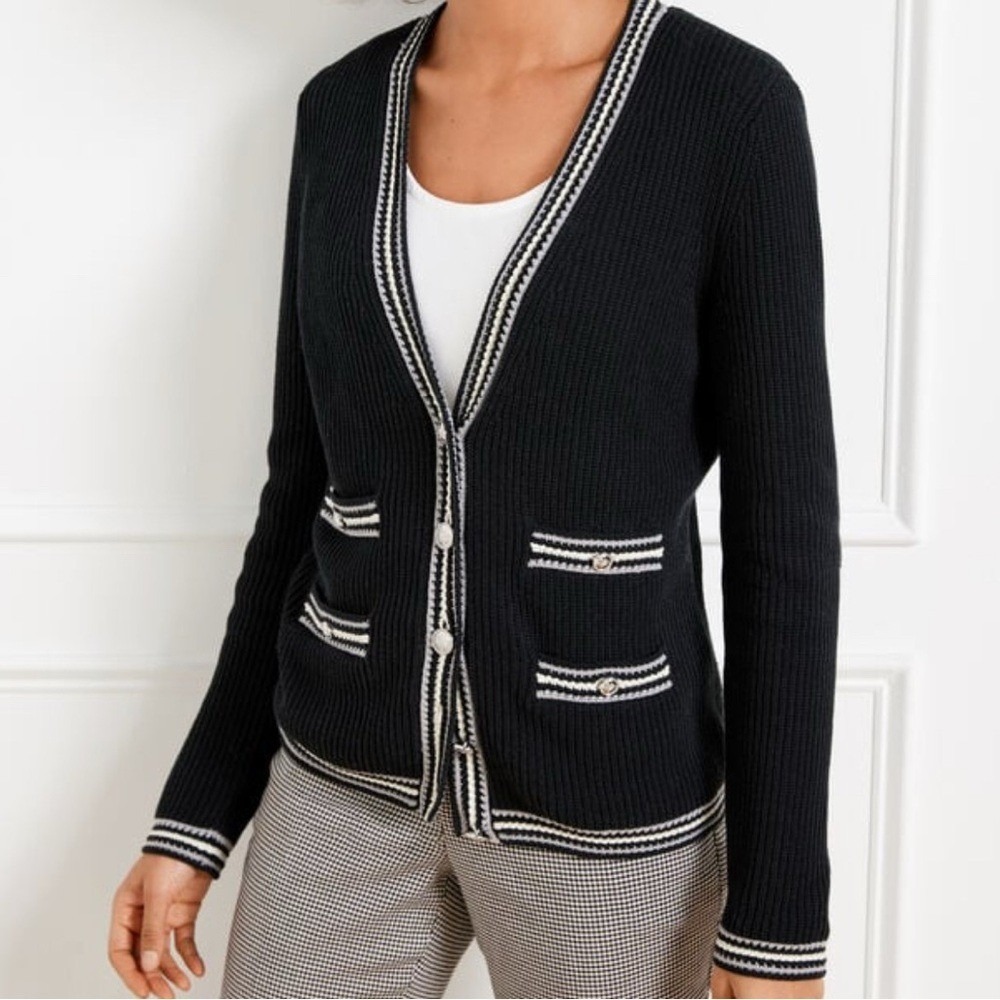 Talbots Texture V-Neck Cardigan Tipped Stripe Black w/ White&Gray WM's Large EUC